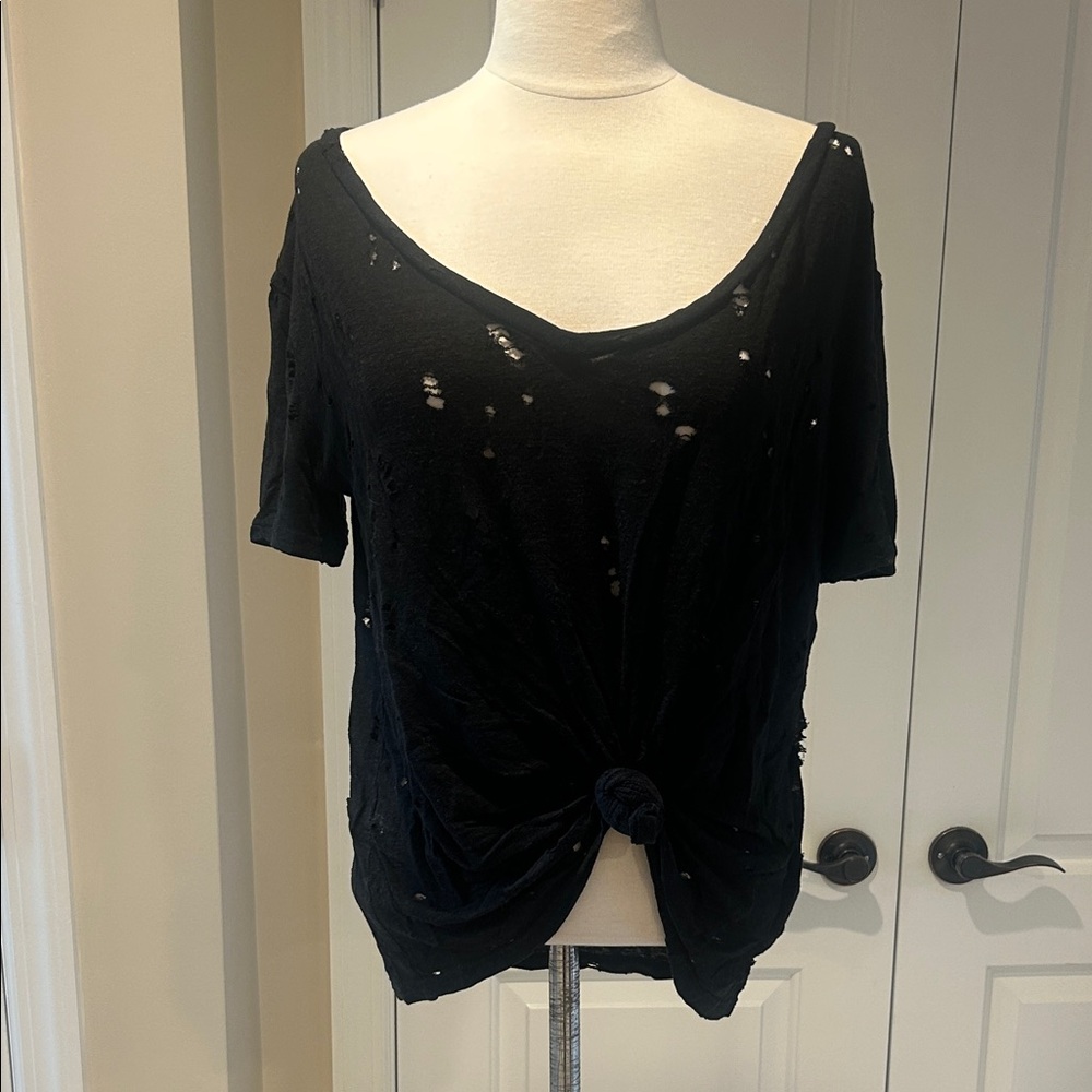 Forever 21 Black Distressed Knot-Front Tee